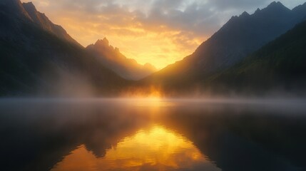 Wall Mural - Sunrise over a tranquil lake surrounded by mountains, with mist rising from the water and the first light of the day