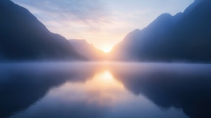 Wall Mural - Sunrise over a tranquil lake surrounded by mountains, with mist rising from the water and the first light of the day