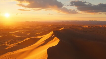 Wall Mural - Sunrise over a vast desert with towering sand dunes, casting long shadows across the golden landscape