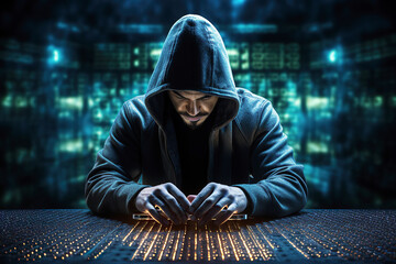 generated illustration of cyber crime hacker with laptop. Abstract binary code digital interface.