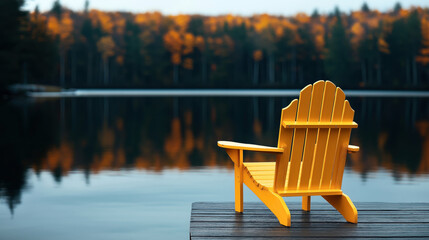 Sticker - A bright yellow Adirondack chair is positioned on a wooden dock overlooking a calm lake surrounded by a forest with autumn foliage.