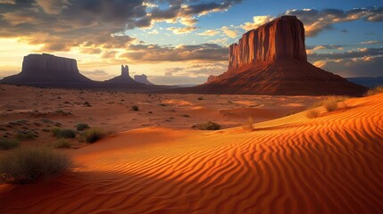 Wall Mural - Golden sunset over a vast desert landscape, with towering red rock formations casting long shadows across the sand