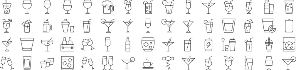 Coffee, Champaign, Wine, Cocktail, Soft Drink Outline Icon Collection. Editable Stroke. Perfect for Infographics, Articles, Books, Flyers, Banners