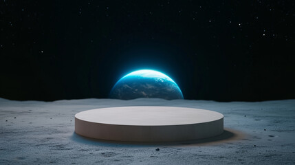 Wall Mural - space mockup podium for product presentation on a moon surface with craters and glowing earth in the