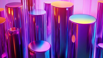 Canvas Print - A 3D rendering of abstract iridescent, round, and cylindrical shapes with a colorful gradient, intended for graphic design or presentation purposes