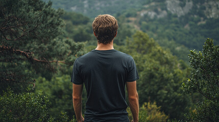 A man is standing in a forest, looking out over the trees