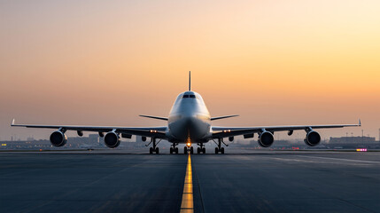 Canvas Print - Front view of a large commercial airplane on a runway at an airport during sunset, with a warm orange sky and runway lights visible.