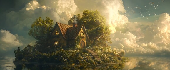 A quaint cottage nestled amidst lush greenery on a secluded island, with fluffy clouds and a tranquil lake in the background.