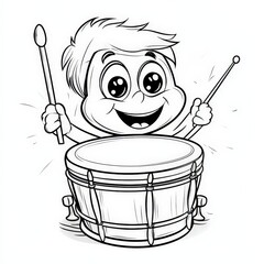 A cheerful cartoon boy playing the drum with joy, showcasing enthusiasm and musical talent in a playful illustration.