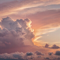 Dramatic sunset evening sky. Fluffy clouds, summer skies, cloudy background. Aerial nature sunrise