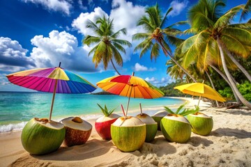 Wall Mural - A beach scene with many people and umbrellas