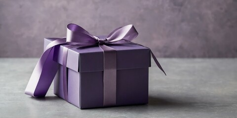 beautiful purple gift box on a pastel gray aesthetic background with space for text, concept for Birthday or Christmas or Valentines Day