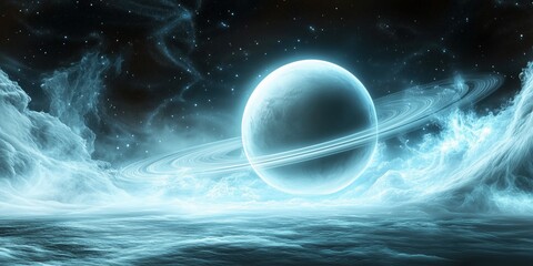 Wall Mural - wallpaper with a glowing white planet with rings in space, surrounded by swirling clouds