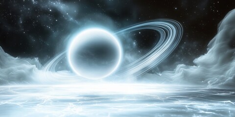 Wall Mural - wallpaper with a glowing white planet with rings in space, surrounded by swirling clouds