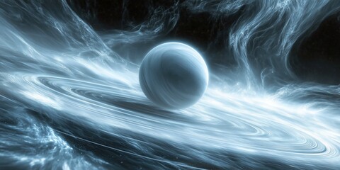 Wall Mural - wallpaper with a glowing white planet with rings in space, surrounded by swirling clouds