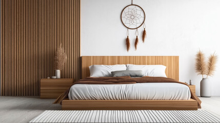 Wall Mural - Contemporary bedroom interior with a wooden bed frame, beige bedding, and a brown blanket. The decor features a dreamcatcher, wooden slats, a side table, and pampas grass.