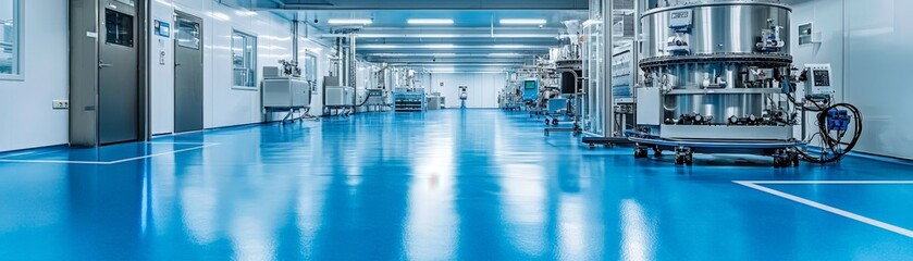 green energy bioenergy technology Reflective Blue Floor in a Sterile Factory Perspective Through a Window Reveals Machinery and a Clean Corridor