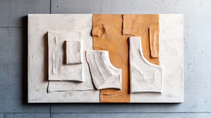 Sticker - Abstract relief sculpture art piece featuring irregular, textured geometric shapes in white and orange tones mounted on a flat surface against a gray background.