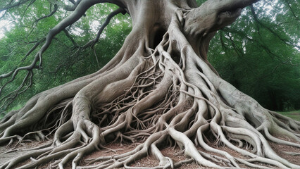 Roots of an Old Tree: Tangled, exposed roots of a massive tree, showing the complexity and strength of nature