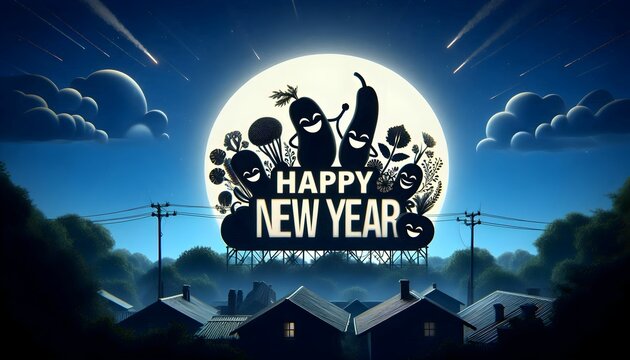 Happy New Year scene in cool moonlight