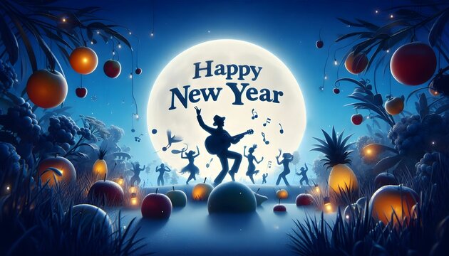Happy New Year scene in cool moonlight