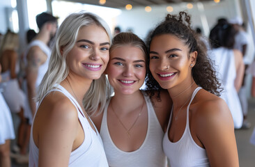 Wall Mural - Three women are smiling and posing for a photo