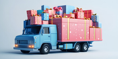 Truck with lots of presents. 3d render style illustration, cartoon creative concept of gift delivery service, sale, new year promotion, present time.