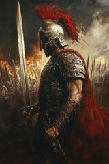 Commander of the Battlefield - A determined warrior, clad in armor and a red plume helmet, stands with sword drawn, leading his army into a fierce battle.