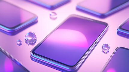 A matte phone screen mockup designed in a glassmorphism style, featuring a set of realistic transparent blurred glass smartphone frames with abstract 3D floating shapes on a purple background 