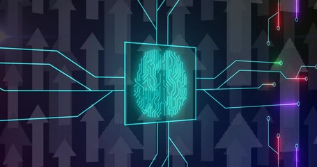 Poster - Animation of biometric brain, digital data processing over circuit board