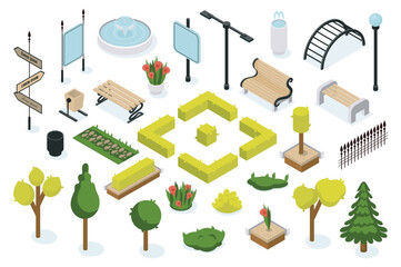 Aufkleber - City park constructor 3d isometric mega set in isometry graphic design. Collection elements of fountain, road pointing, banner, benches, trash can, trees, plants, fences, other. Vector illustration.