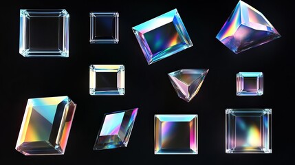 A set of 3D glass square shapes exhibiting refraction and holographic light dispersion, isolated on a black background for a transparent crystal effect