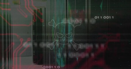 Poster - Animation of skull and bones, digital data processing over computer servers