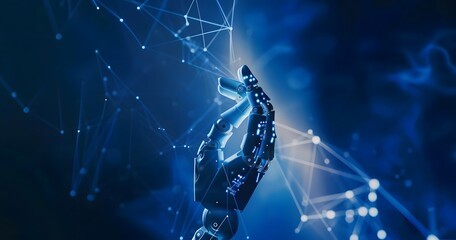 AI, Machine learning, Hands of robot and human touching on big data network connection background, Science and artificial intelligence technology, innovation and futuristic.