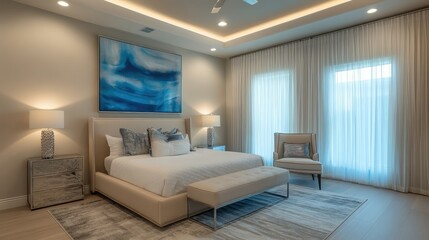 Elegant bedroom with a striking blue abstract painting, light beige walls, silver decor, and recycled material murals, creating a serene environment