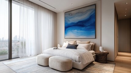 Minimalist bedroom with a large blue abstract painting, light beige and silver interior, calming colorscapes, and recycled material accents