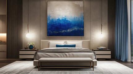 Modern bedroom with a large blue abstract artwork, light beige and silver tones, calming decor with dark beige and gold elements, recycled materials