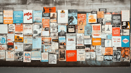 a wall covered with various colorful posters and flyers. the posters display different designs, text