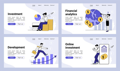 Poster - Finance investment landing page. Business development. Money payment for people banking job. Website design template. Financial analytics work. Internet homepage. Vector backgrounds set