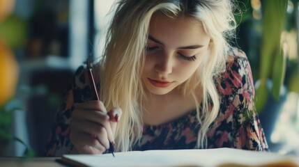 Young Woman Writing in Notebook