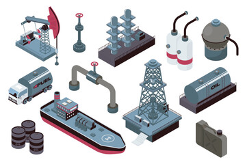 Aufkleber - Oil production 3d isometric mega set in isometry graphic design. Collection elements of oil rig, pump, valve pipe, barrels, fuel truck, tanker ship, canister storage and other. Vector illustration.