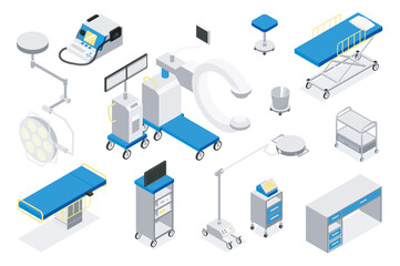 Aufkleber - Operating room 3d isometric mega set in isometry graphic design. Collection elements of couch, lamp, monitoring system, tables, stretcher, x-ray, surgery equipment, other tools. Vector illustration.