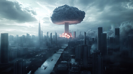 Destructive mushroom cloud rises over a city skyline following an explosion during a catastrophic event in the morning light