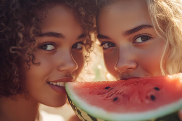 Close-up of two women, both holding slices of watermelon