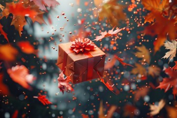 Floating Gift Box with Autumn Leaves in the Air