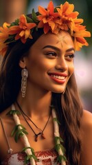 Sticker - keep the same, real beautiful polynesian woman smiling with frangipani flowers on ear, full body , palm tree on background, realisitic detailed, AI Generative