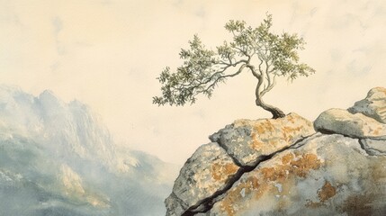 Wall Mural - A tree growing out of the cracks of a stone on a mountainside, painted in delicate watercolor hues, blending earthy tones with a light sky