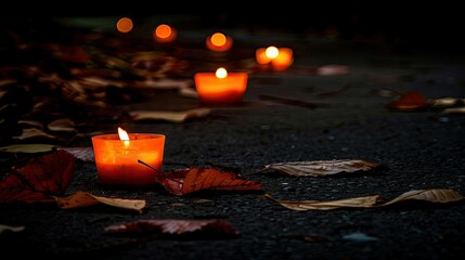 Wall Mural - Three burning candles, orange light, fallen leaves 