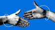© Morena - Hands reach out to each other. Handshake. Halftone retro hands. Paper cutout elements. Trendy vintage newspaper parts. Hands tied with thread. Shaking hands. Make a deal. Successful agreement
