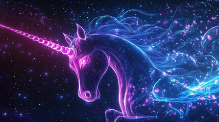 A unicorn with a purple horn and blue tail is flying through the sky